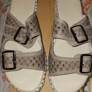 Ilse Jacobsen Taupe Scallop-Pattern Double Buckle Sandals